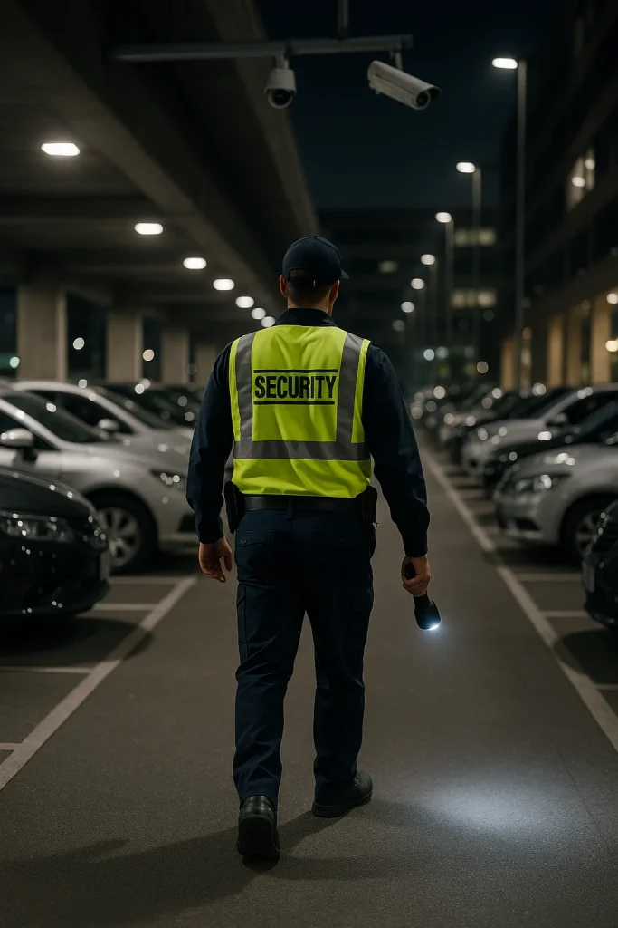 Guardia di sicurezza in uniforme scura e giubbotto ad alta visibilità mentre pattuglia con una torcia un parcheggio multipiano di notte, sotto luci artificiali e telecamere di sorveglianza