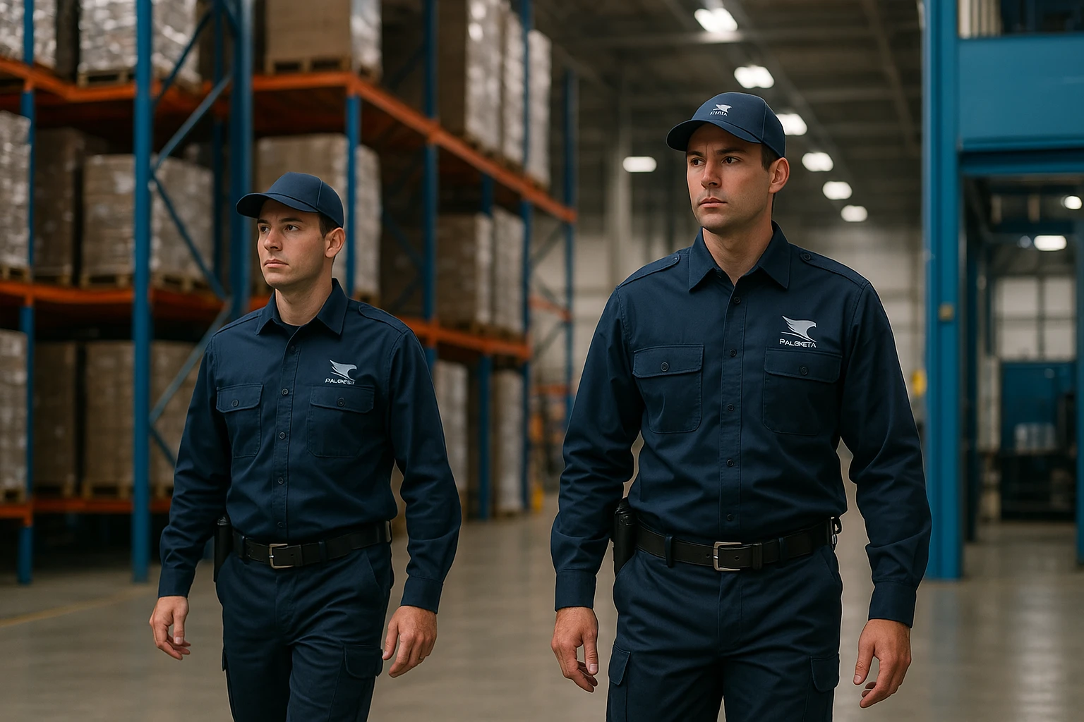 Due guardie giurate in uniforme ispezionano un’azienda a Ferrara